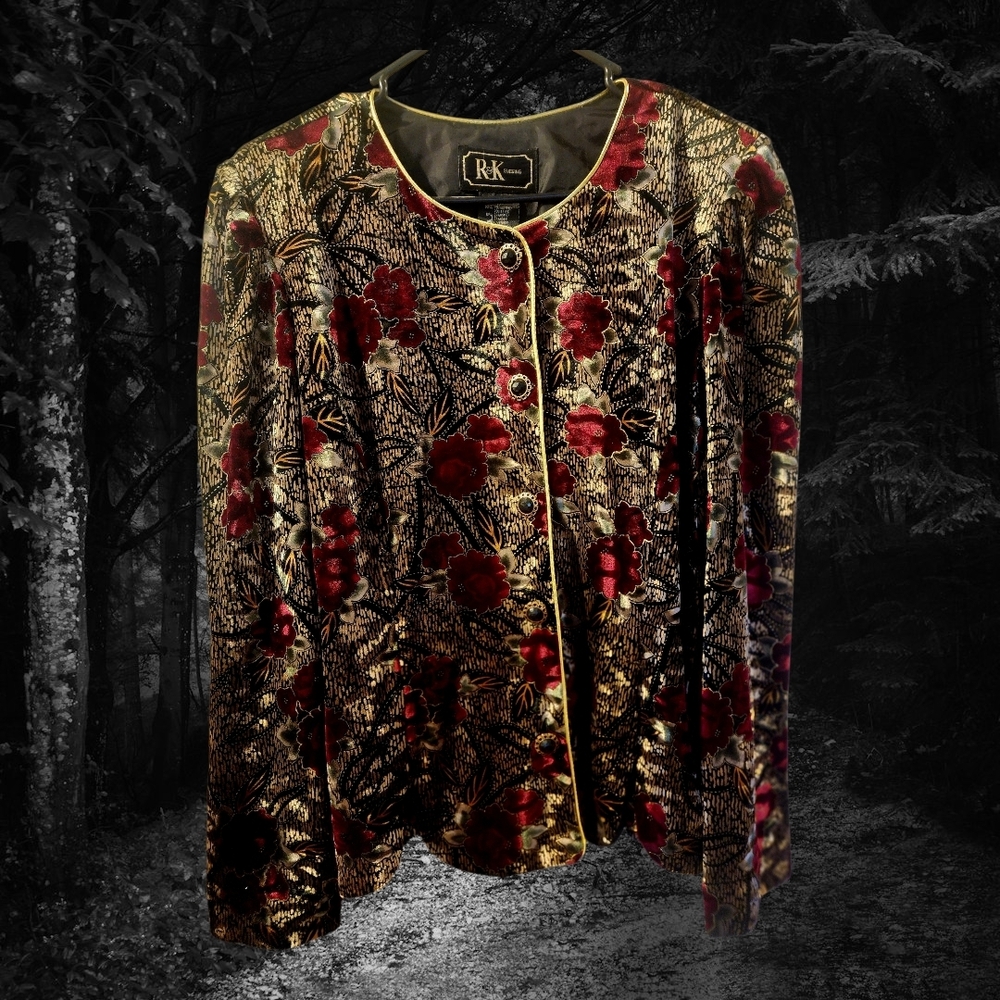 Vintage RK Women's Floral Velvet Blazer - Red and Gold